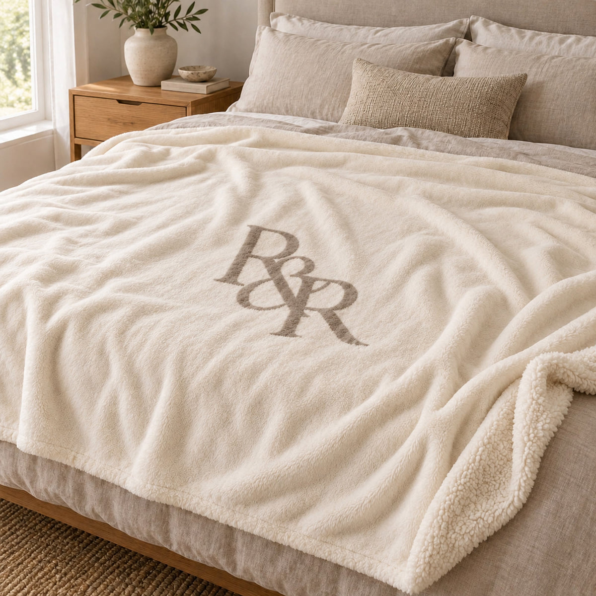 R&R Monogram Sherpa Fleece Blanket in ivory by Rooted & Refined, spread across a bed in a calm neutral bedroom
