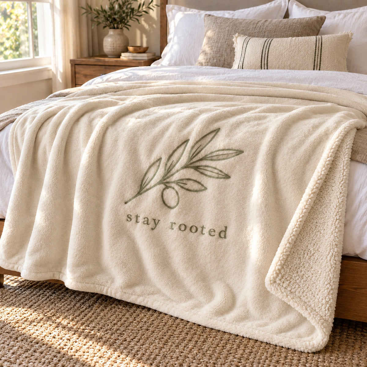 Stay Rooted Olive Branch Sherpa Fleece Blanket in ivory by Rooted & Refined, spread across a bed in a calm bedroom