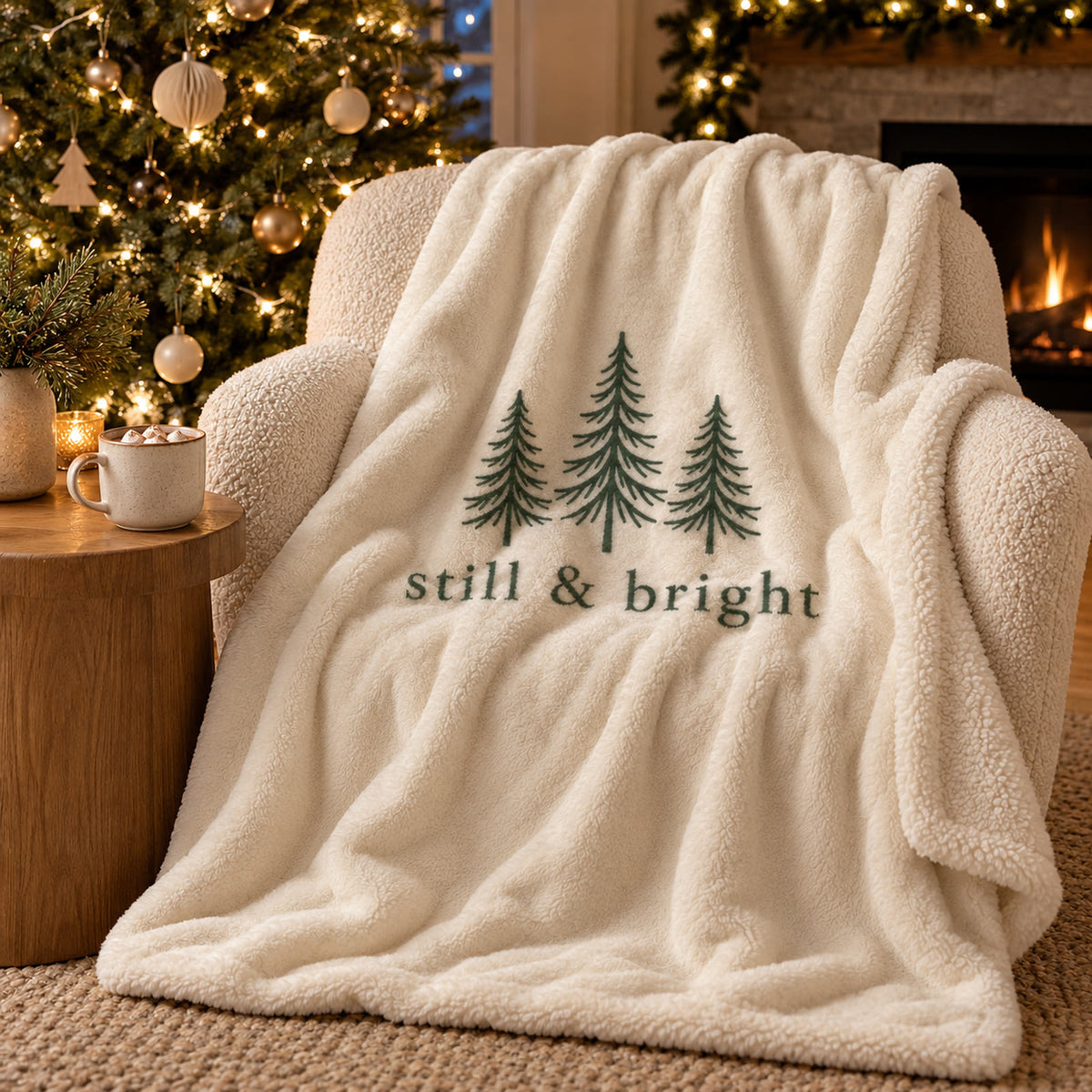 Still & Bright Evergreen Sherpa Fleece Blanket in ivory by Rooted & Refined, draped over a chair in a winter living room