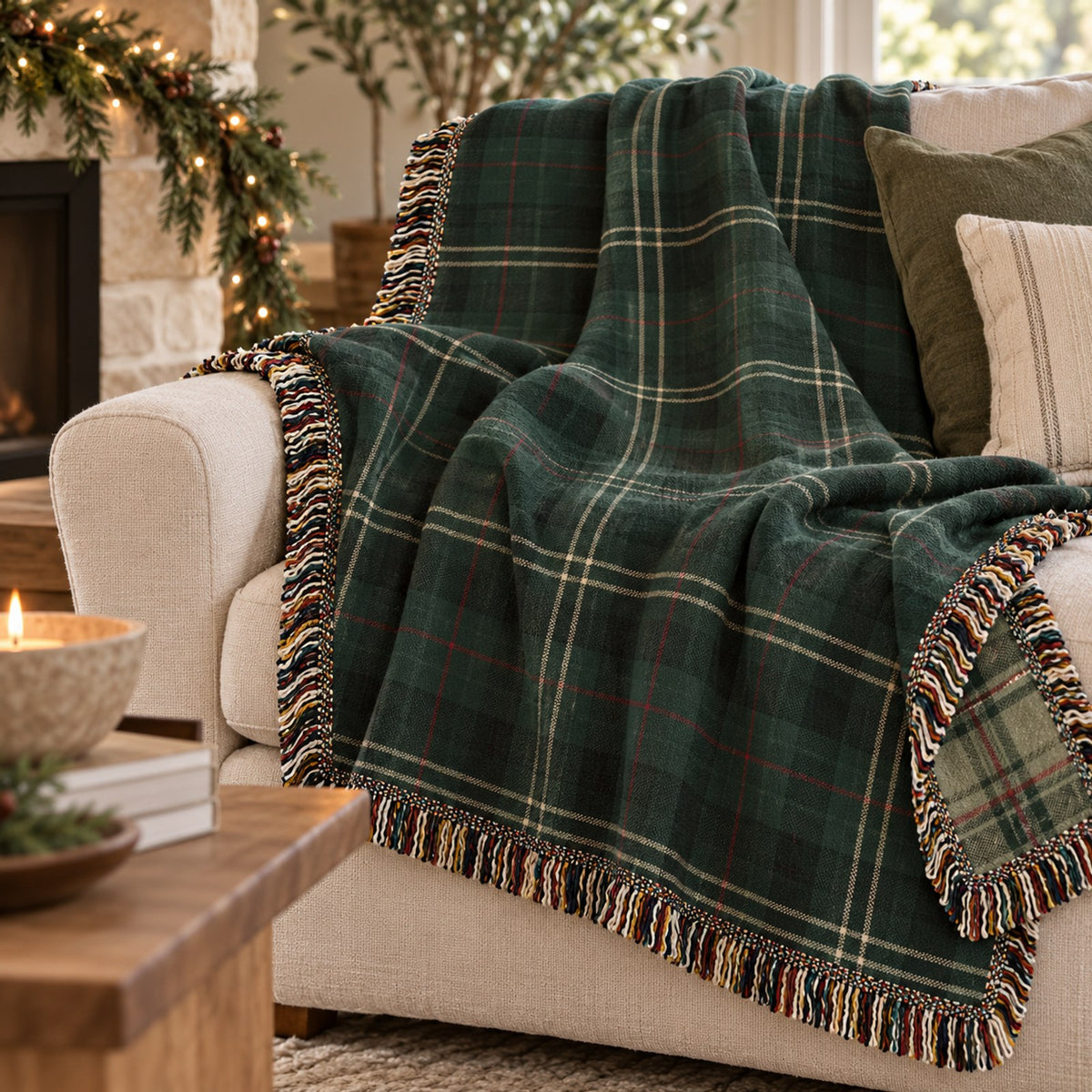 Forest winter tartan woven throw with a colourful fringe