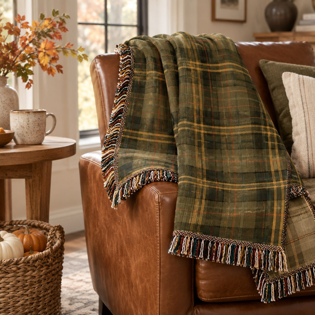 Olive tartan gold woven throw with a colourful fringe