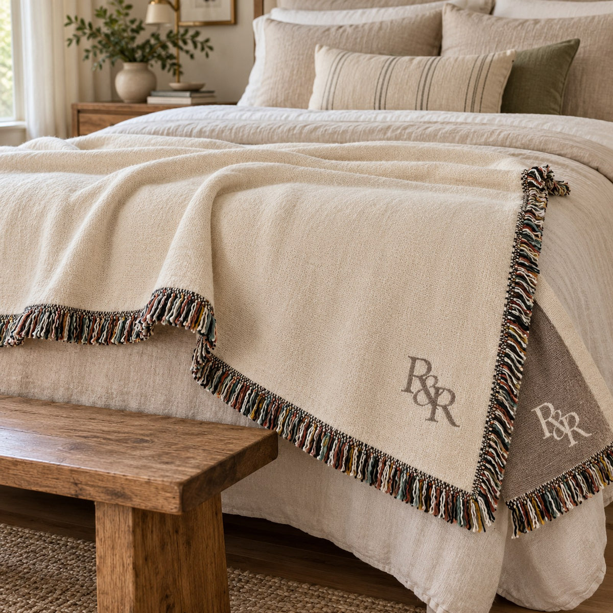 Small R&R monogram woven throw with a colourful fringe