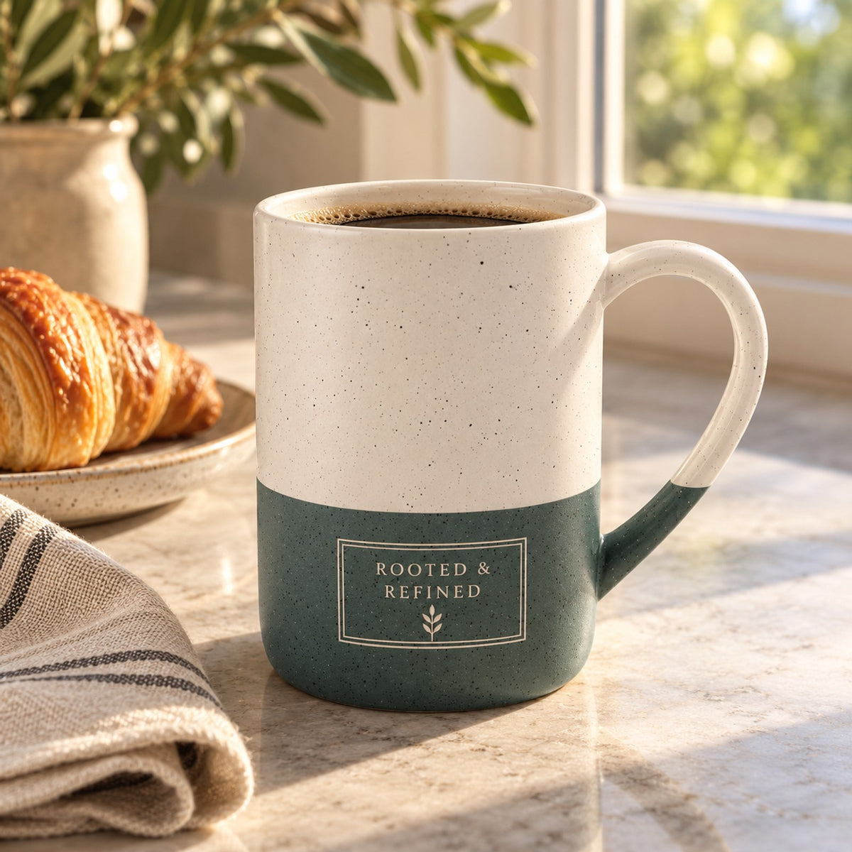 Rooted & Refined Atelier Label engraved speckled mug in Forest Green on a morning kitchen counter