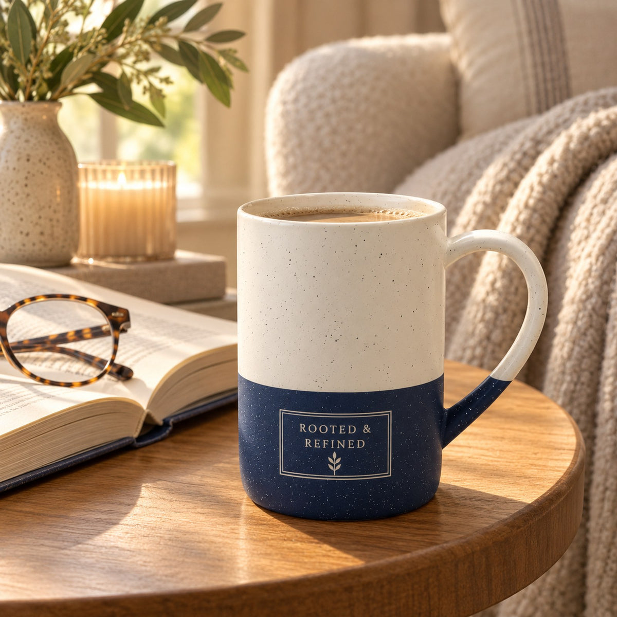 Rooted & Refined Atelier Label engraved speckled mug in Navy Blue in a reading nook