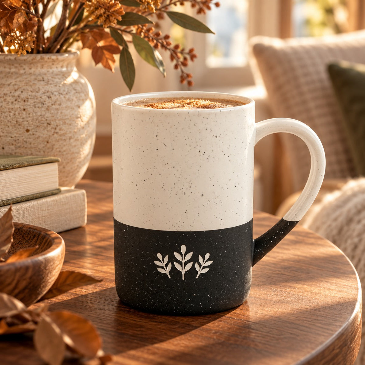 Autumn Sprig Engraved Speckled Mug in Black, styled at home