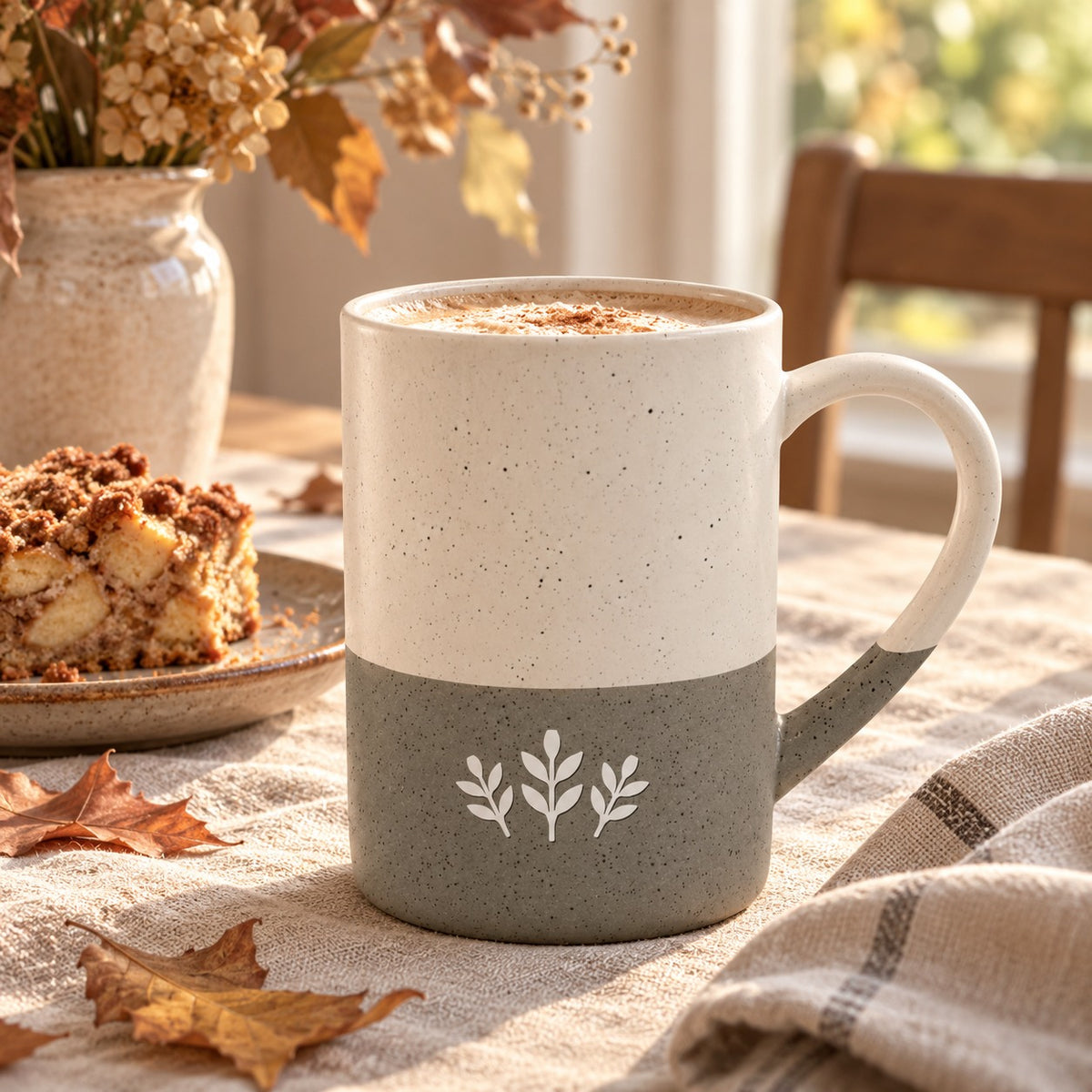 Autumn Sprig Engraved Speckled Mug in Grey, styled at home