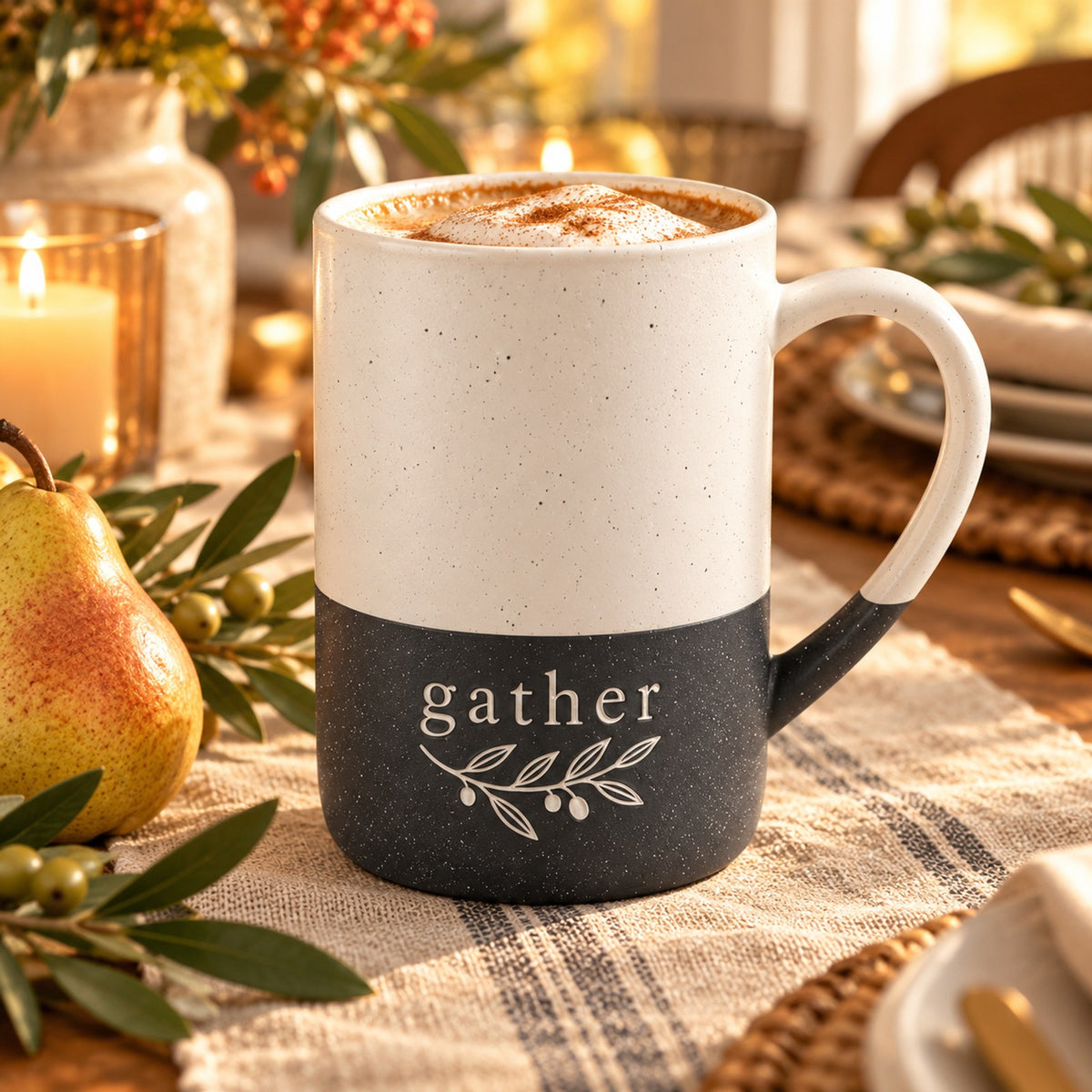 Gather olive sprig engraved speckled mug in Black on a Thanksgiving table