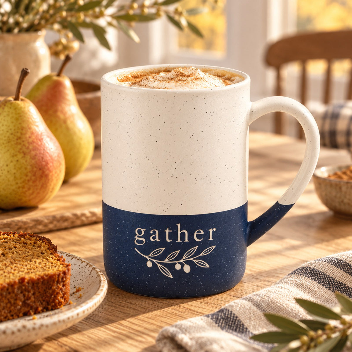 Gather olive sprig engraved speckled mug in Navy Blue in a fall breakfast nook