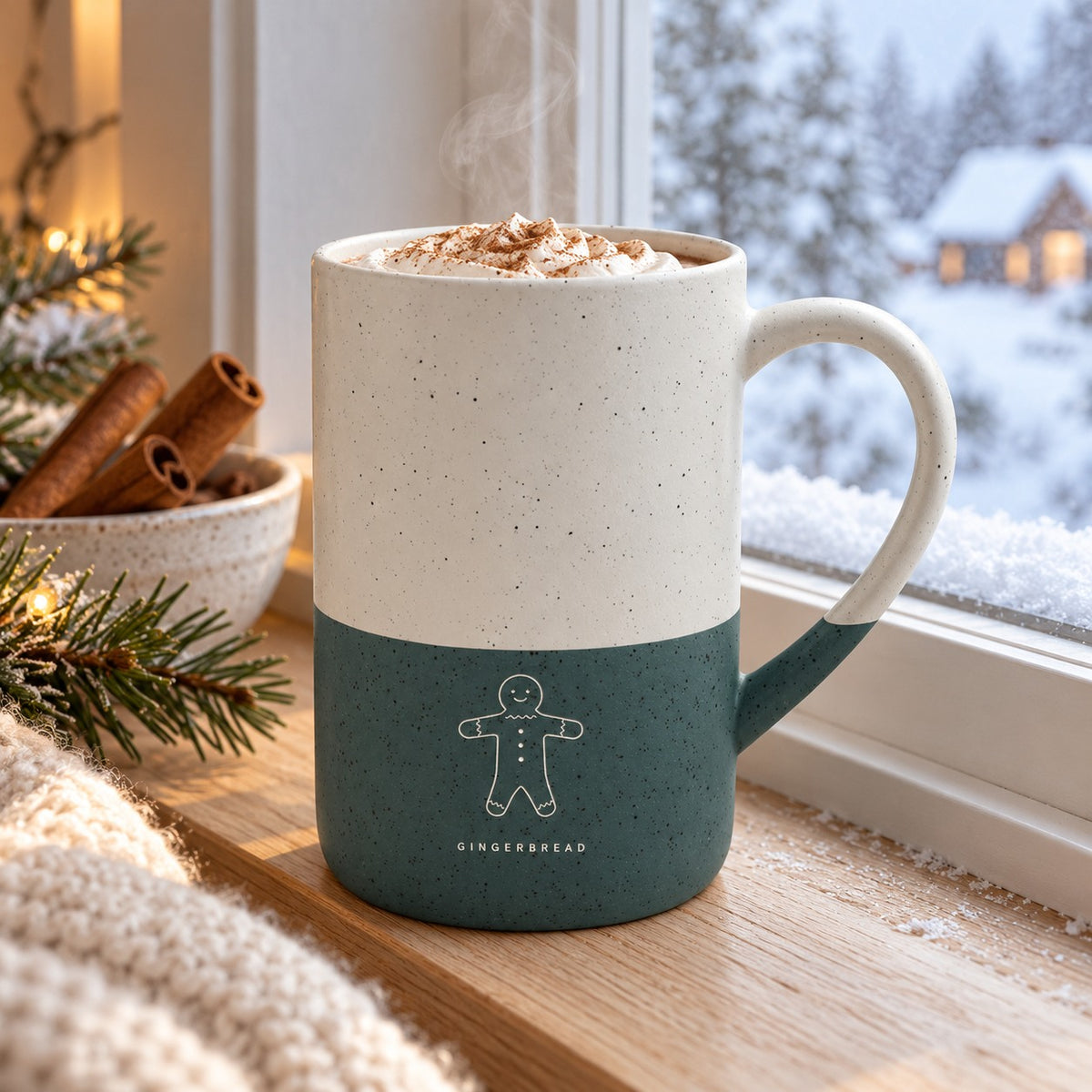 Gingerbread Engraved Speckled Mug in Forest Green, styled at home