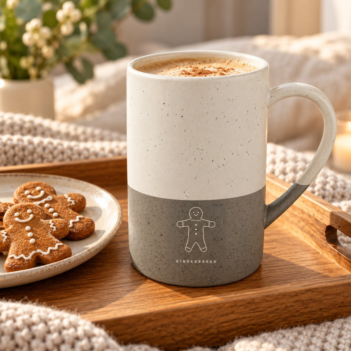 Gingerbread Engraved Speckled Mug in Grey, styled at home