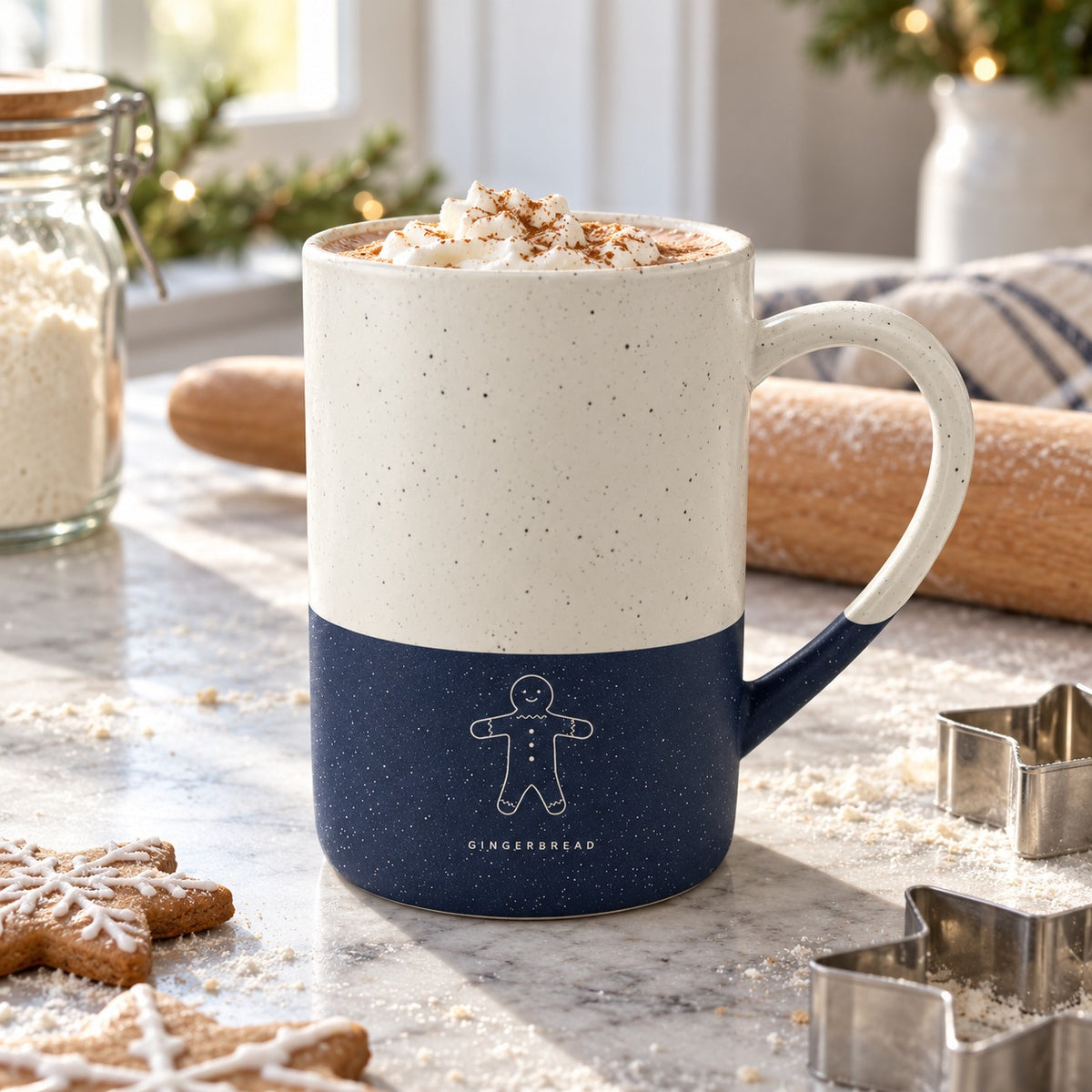Gingerbread Engraved Speckled Mug in Navy Blue, styled at home