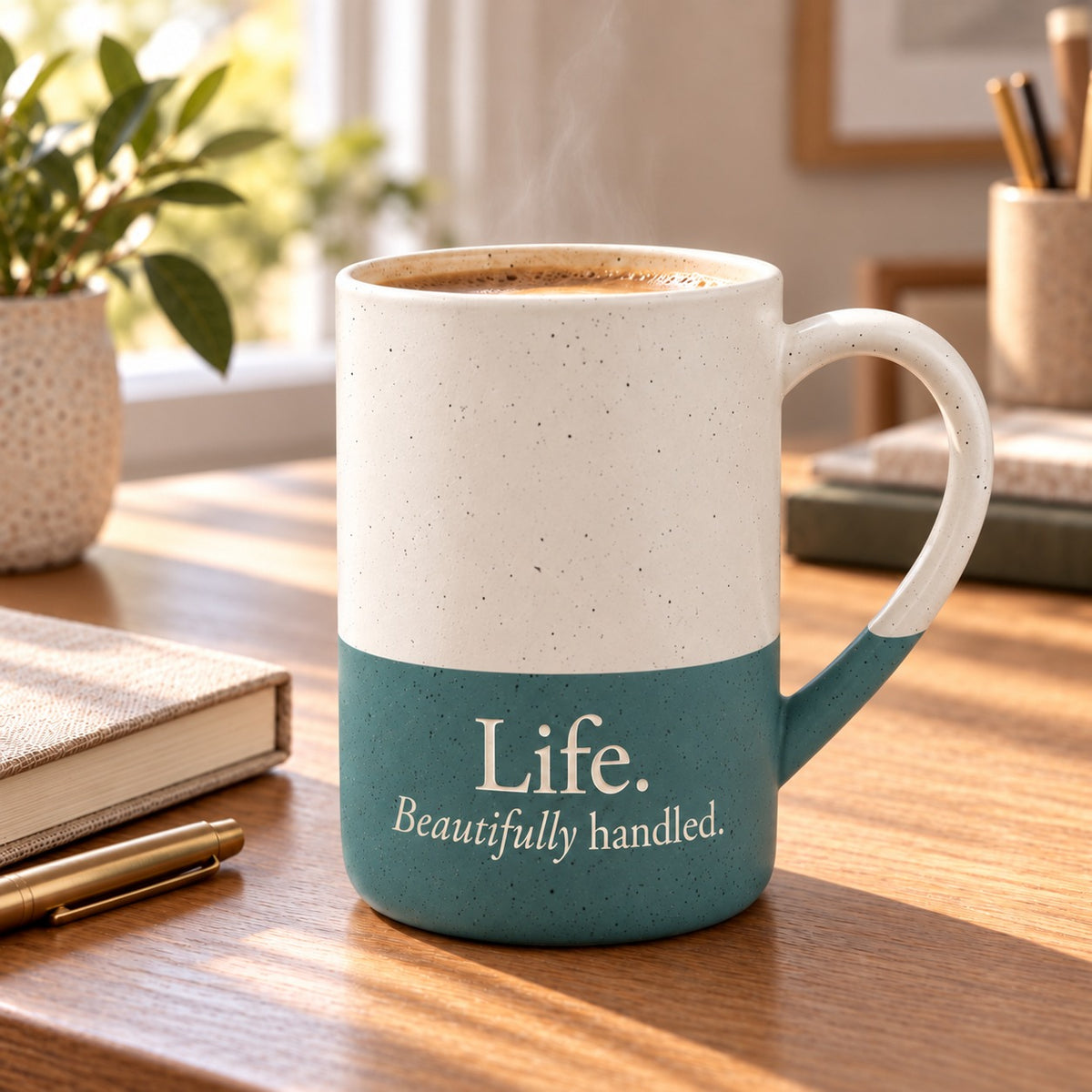 Life. Beautifully Handled. engraved speckled mug in Forest Green on a home office desk