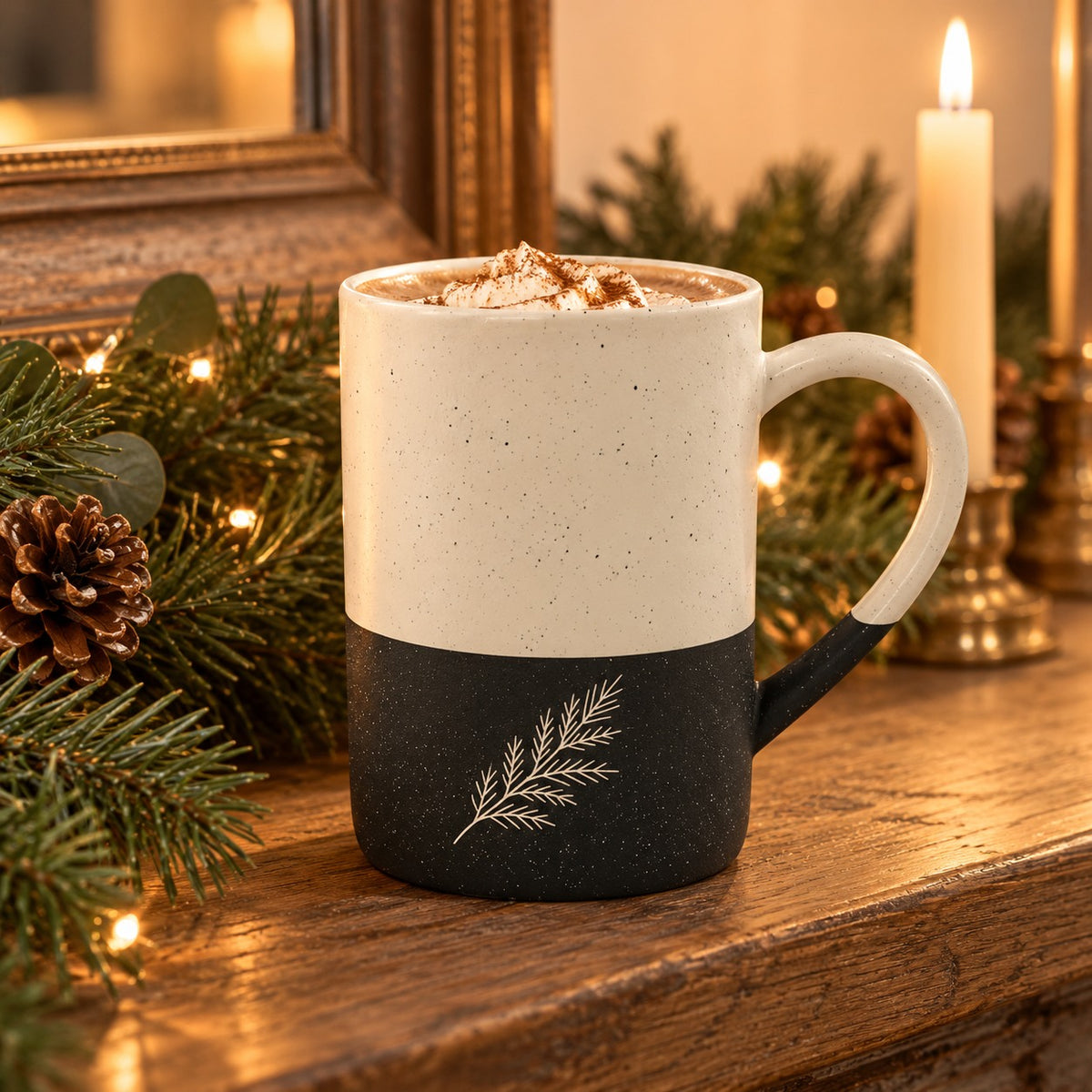 Evergreen Pine Engraved Speckled Mug in Black, styled at home