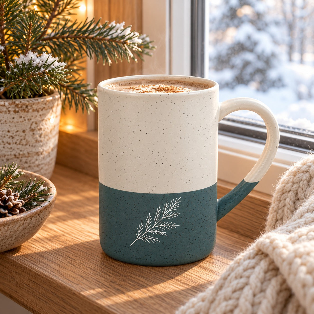 Evergreen Pine Engraved Speckled Mug in Forest Green, styled at home