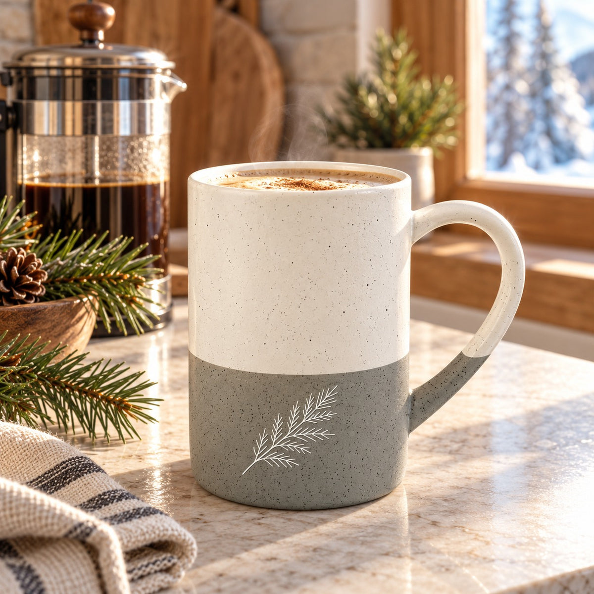 Evergreen Pine Engraved Speckled Mug in Grey, styled at home