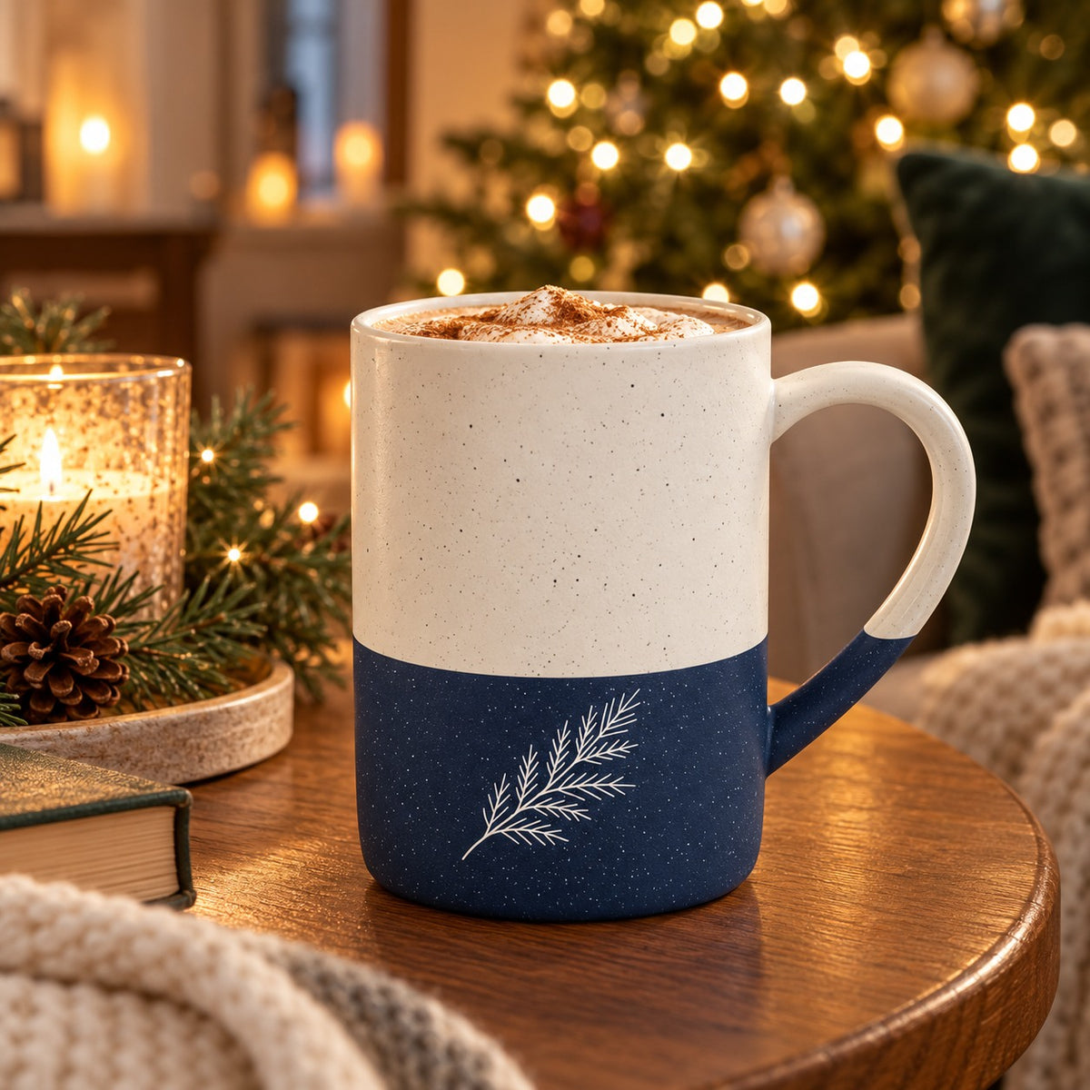 Evergreen Pine Engraved Speckled Mug in Navy Blue, styled at home