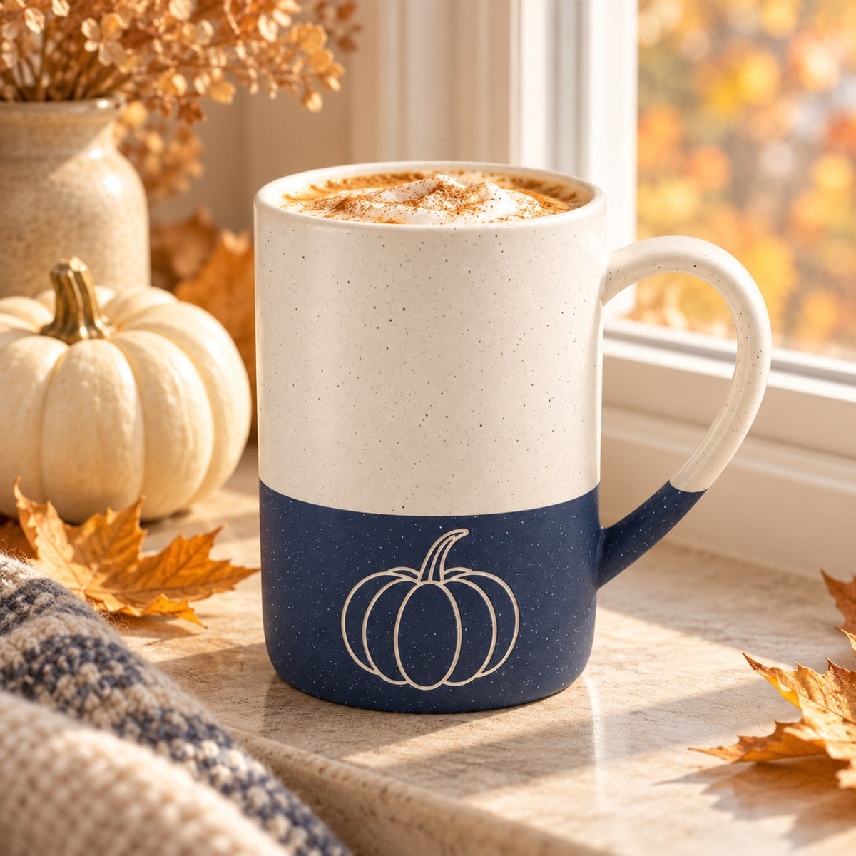 Pumpkin engraved speckled mug in Navy Blue on an autumn windowsill