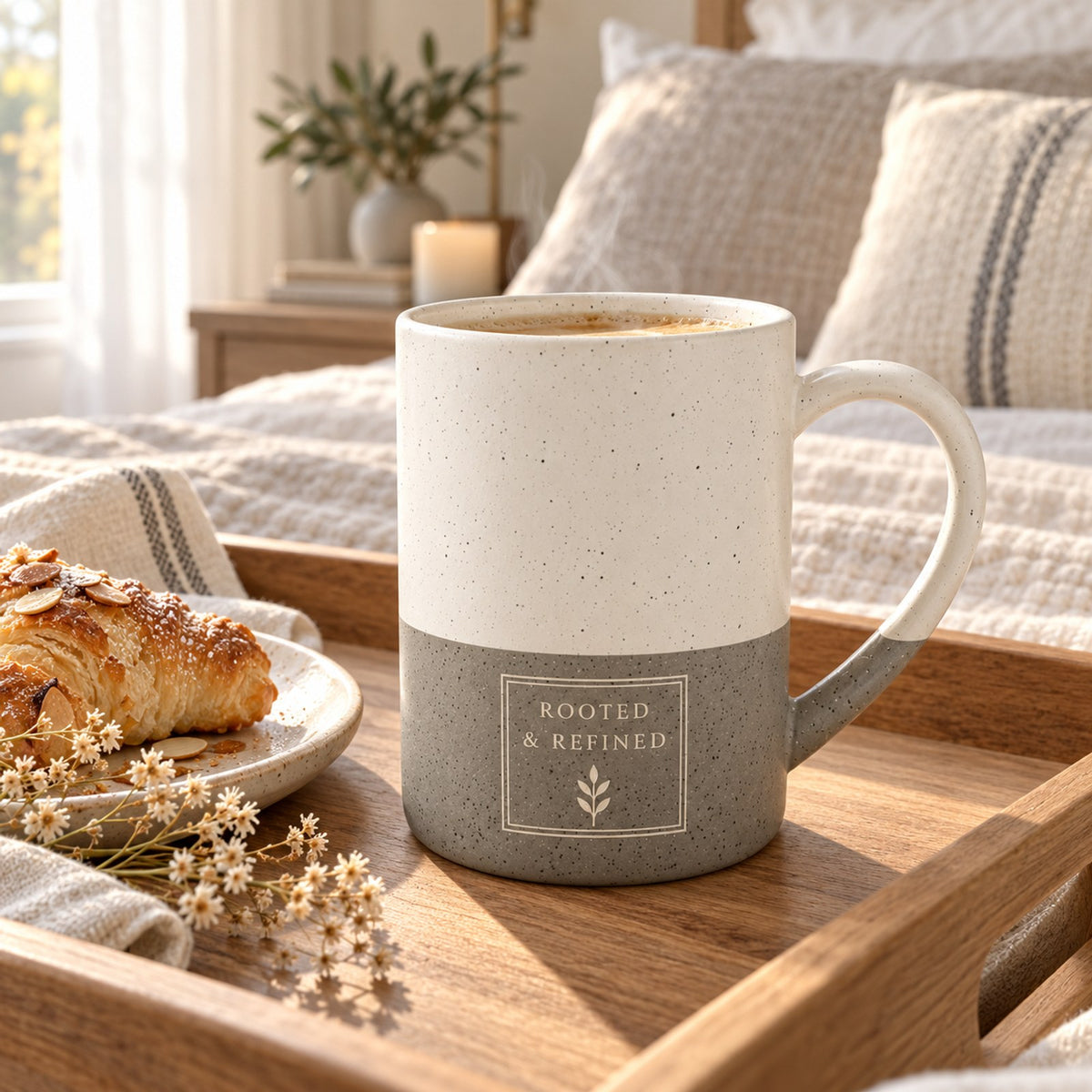 Rooted & Refined Signature Label engraved speckled mug in Grey on a breakfast tray in bed