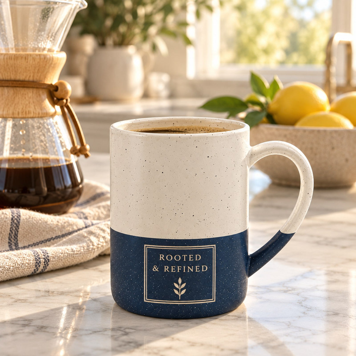 Rooted & Refined Signature Label engraved speckled mug in Navy Blue on a marble kitchen counter