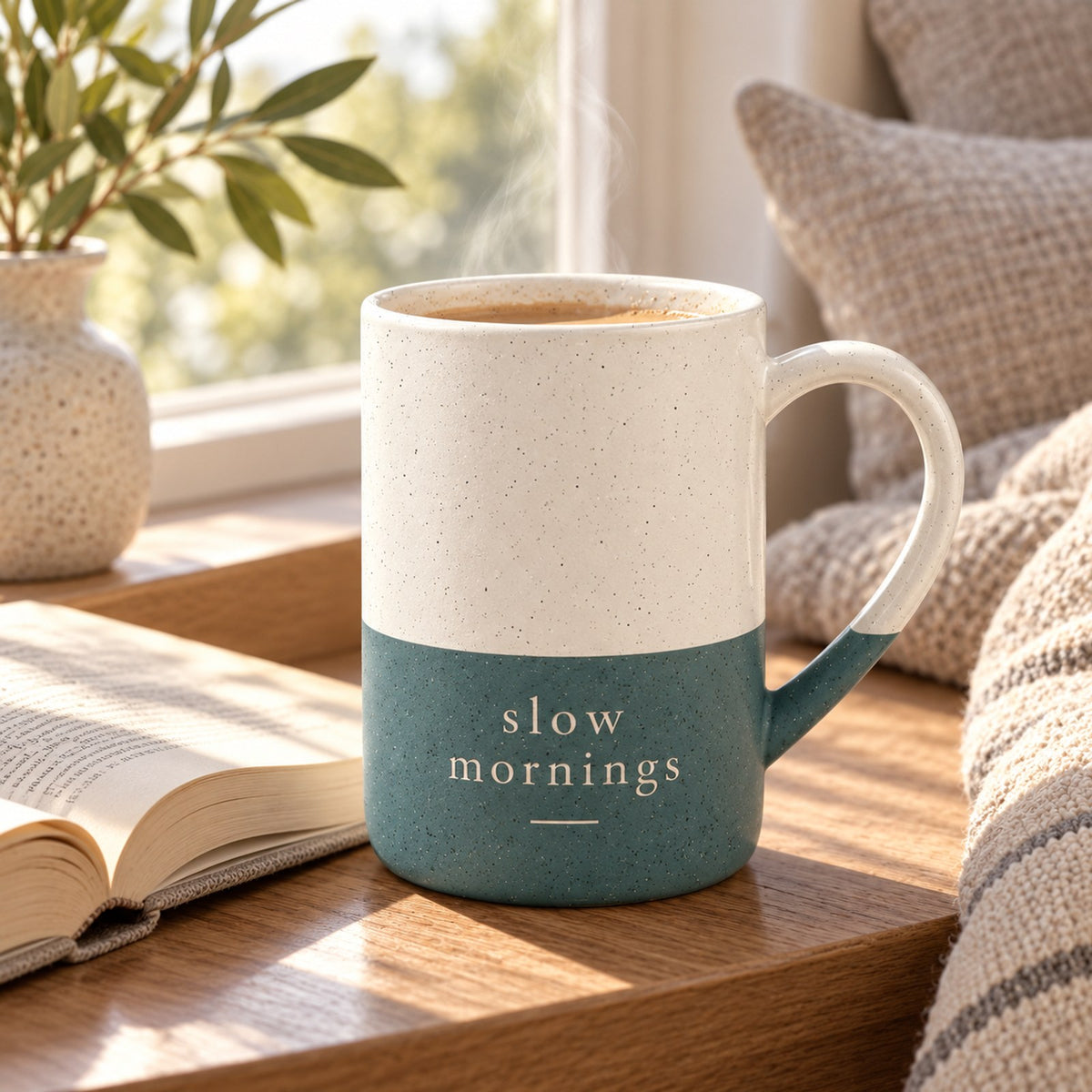 Slow Mornings engraved speckled mug in Forest Green on a sunny window seat