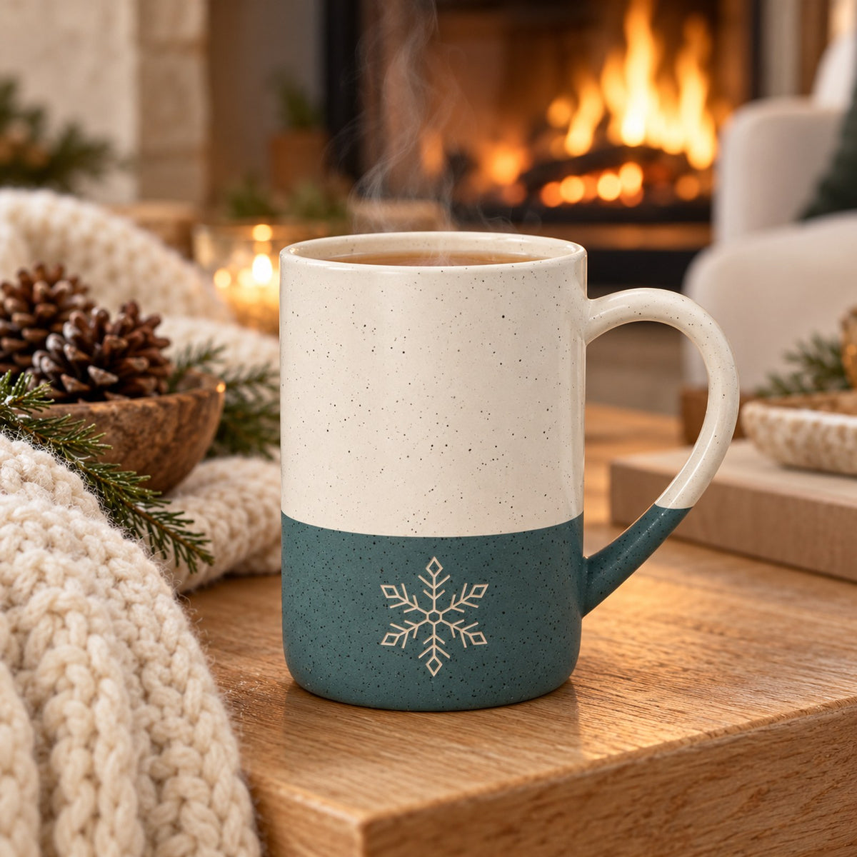 Snowflake engraved speckled mug in Forest Green by a winter fireplace