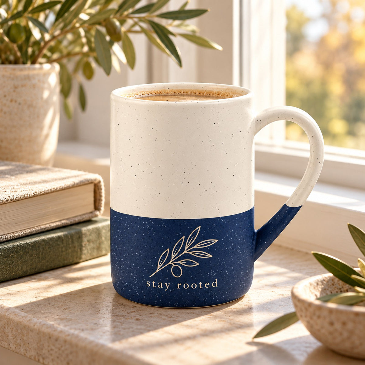 Stay Rooted olive branch engraved speckled mug in Navy Blue on a sunny windowsill