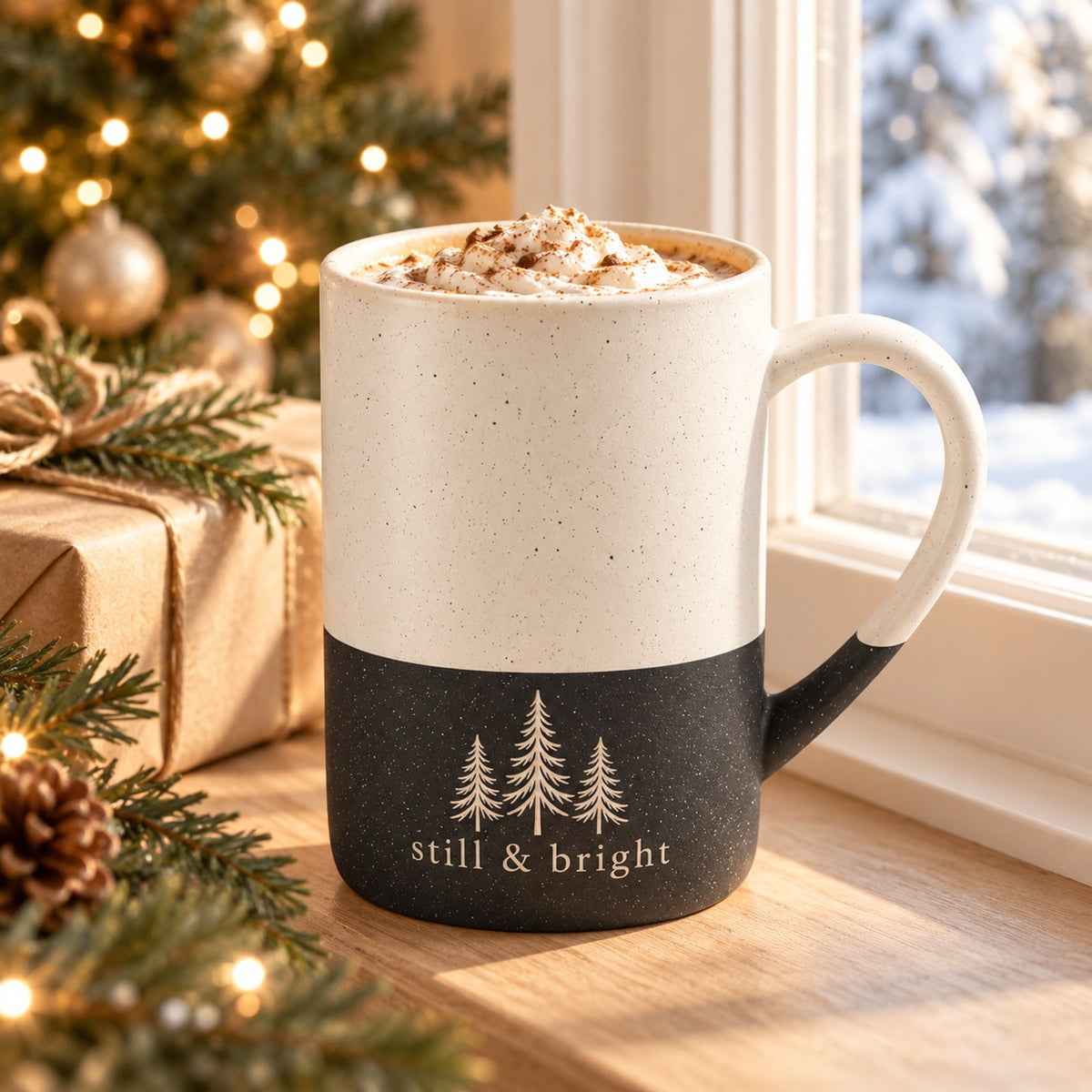 Still & Bright evergreen engraved speckled mug in Black by a Christmas window