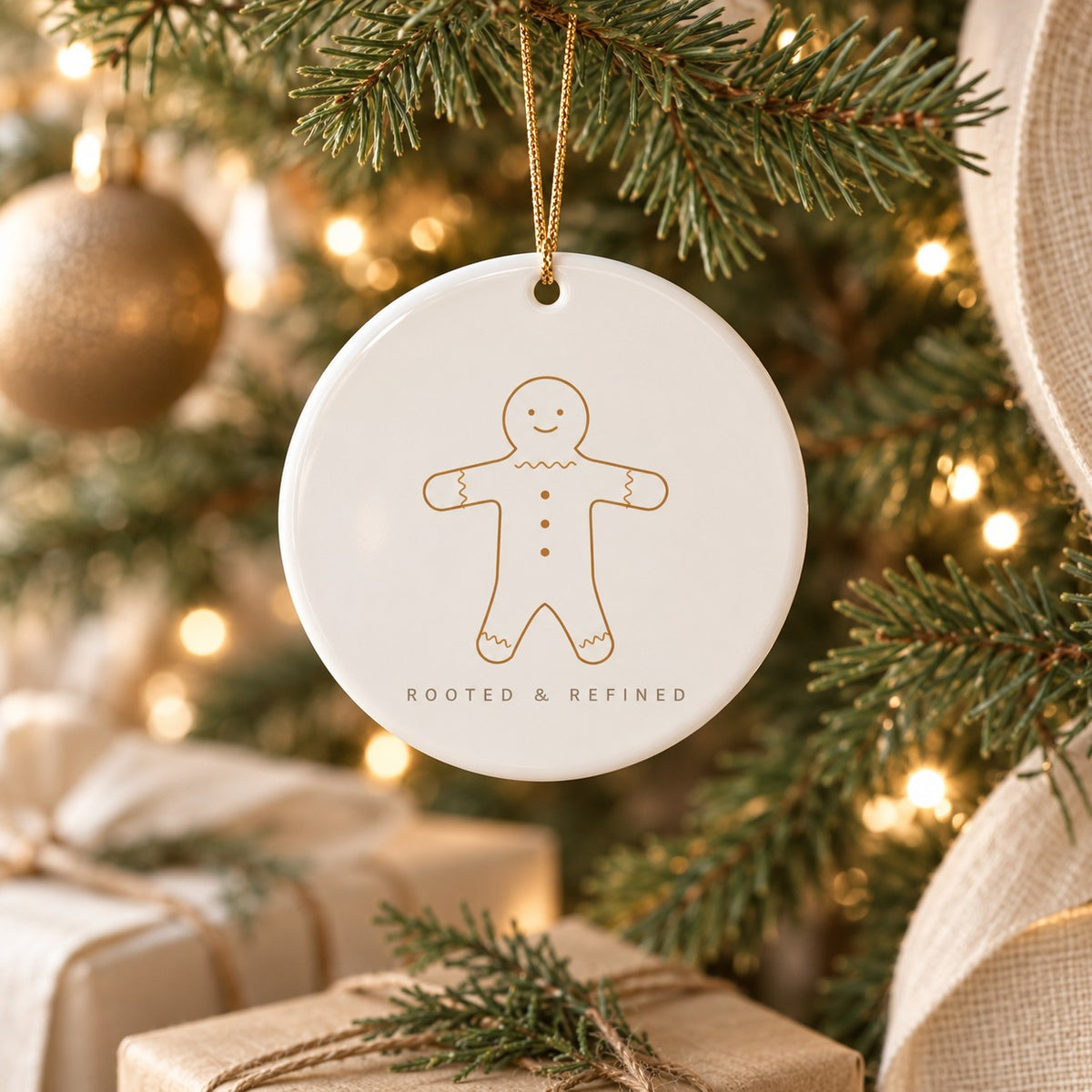 Glossy white round ceramic ornament with a fine-line gold gingerbread man, hanging by a gold string on a lit Christmas tree above kraft-wrapped gifts