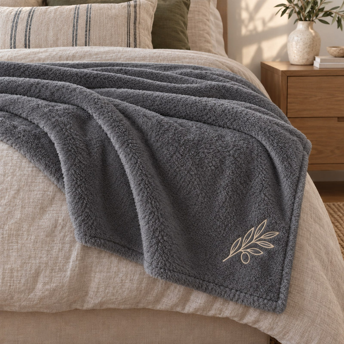 Cream Olive Branch Embroidered Plush Throw in Shadow Grey, styled at home