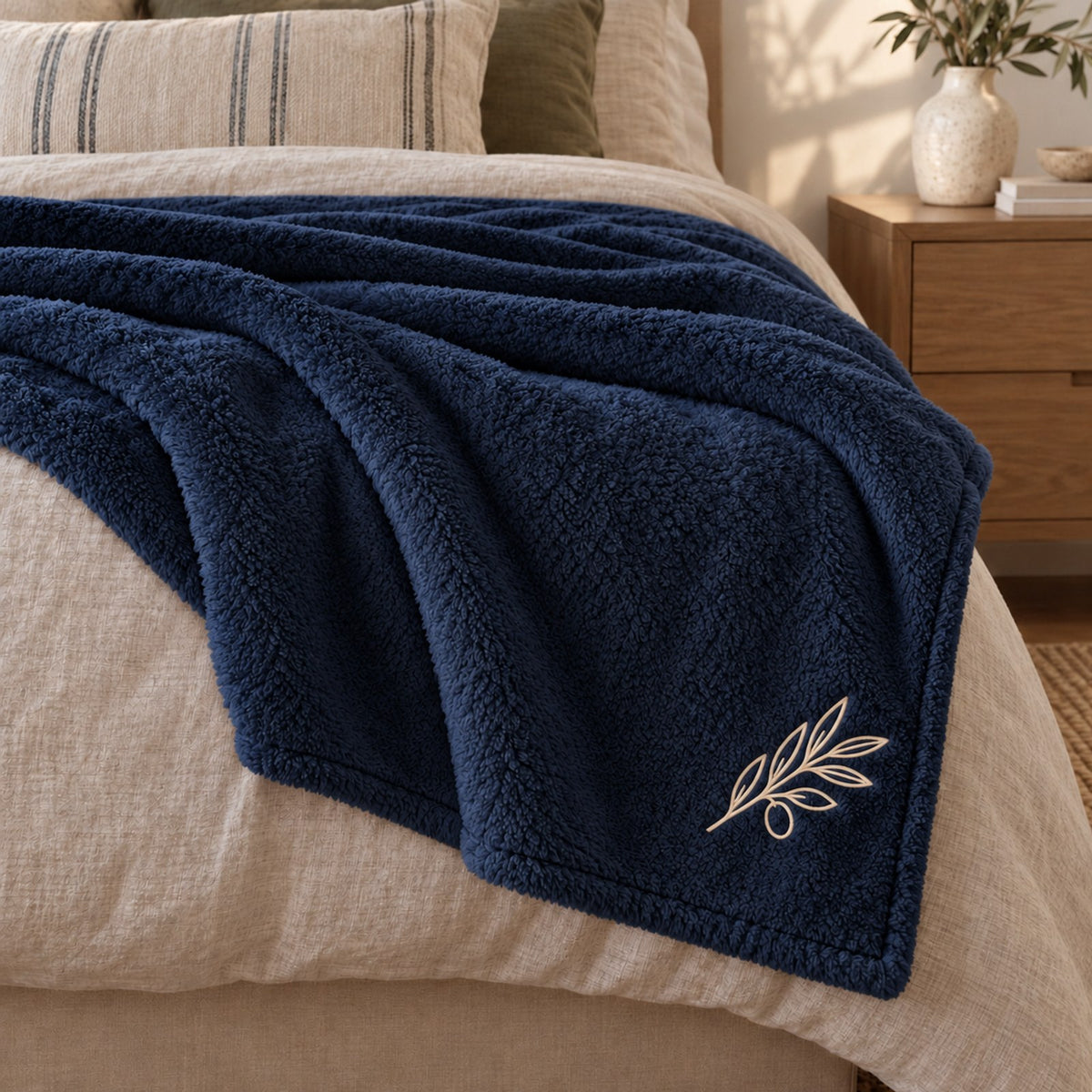 Cream Olive Branch Embroidered Plush Throw in Navy, styled at home