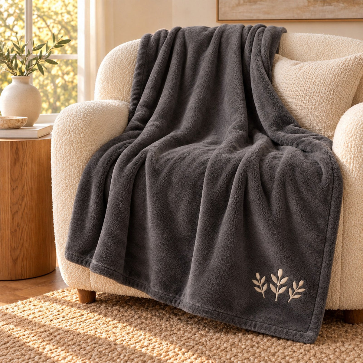 Cream Autumn Sprig Embroidered Plush Throw in Shadow Grey, styled at home