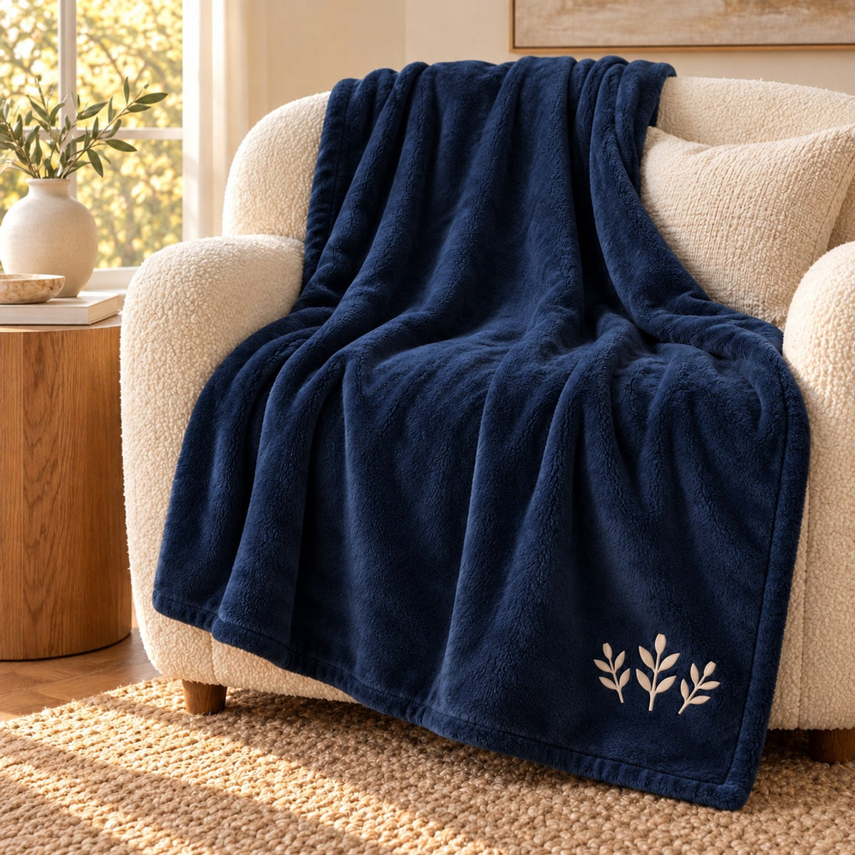 Cream Autumn Sprig Embroidered Plush Throw in Navy, styled at home