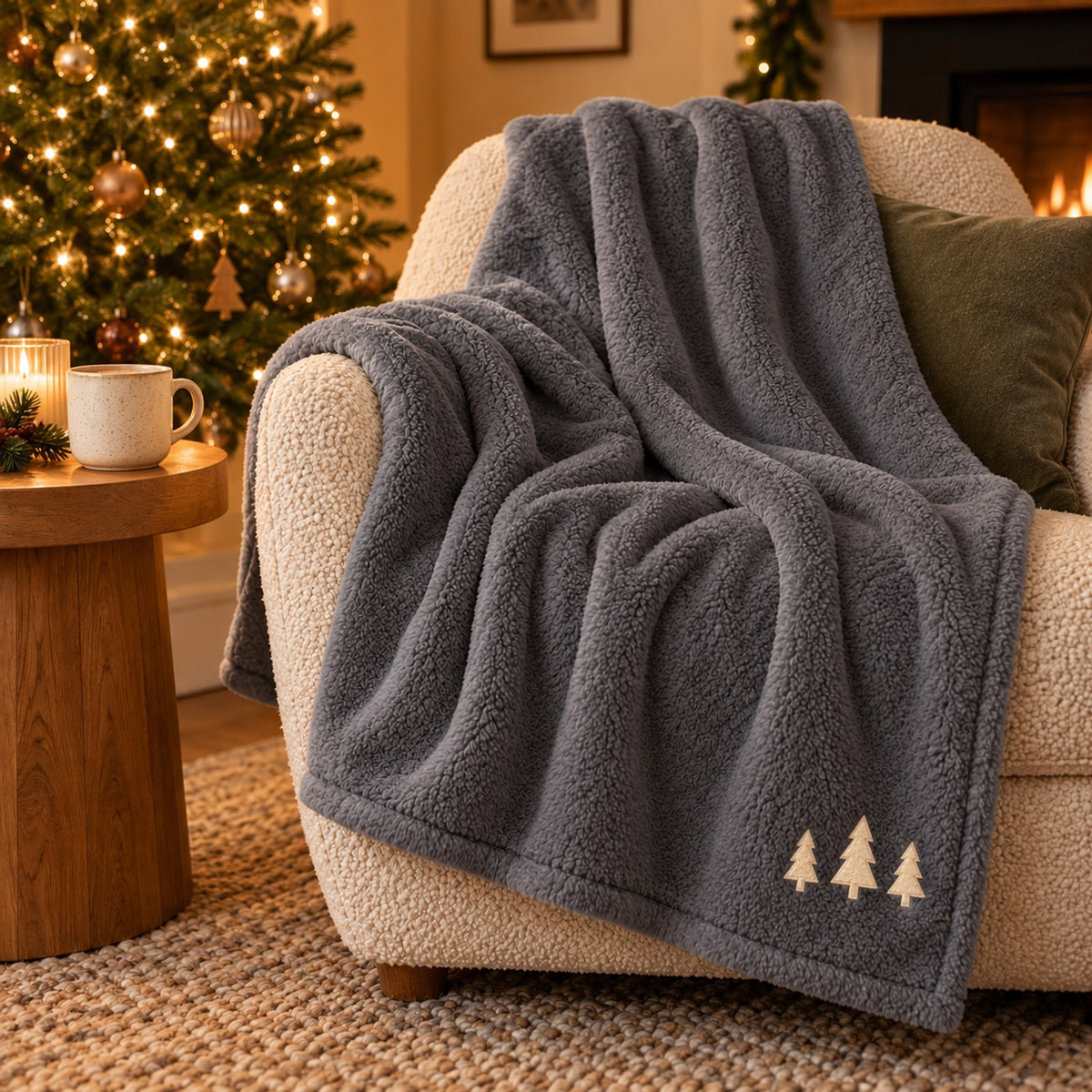 Cream Pine Trio Embroidered Plush Throw in Shadow Grey, styled at home