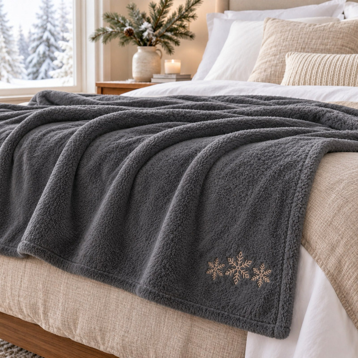 Snowflake Trio Embroidered Plush Throw in Shadow Grey, styled at home