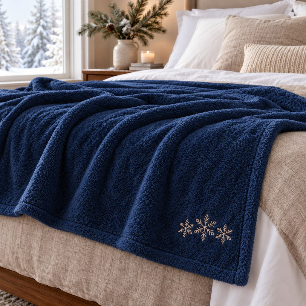 Snowflake Trio Embroidered Plush Throw in Navy, styled at home