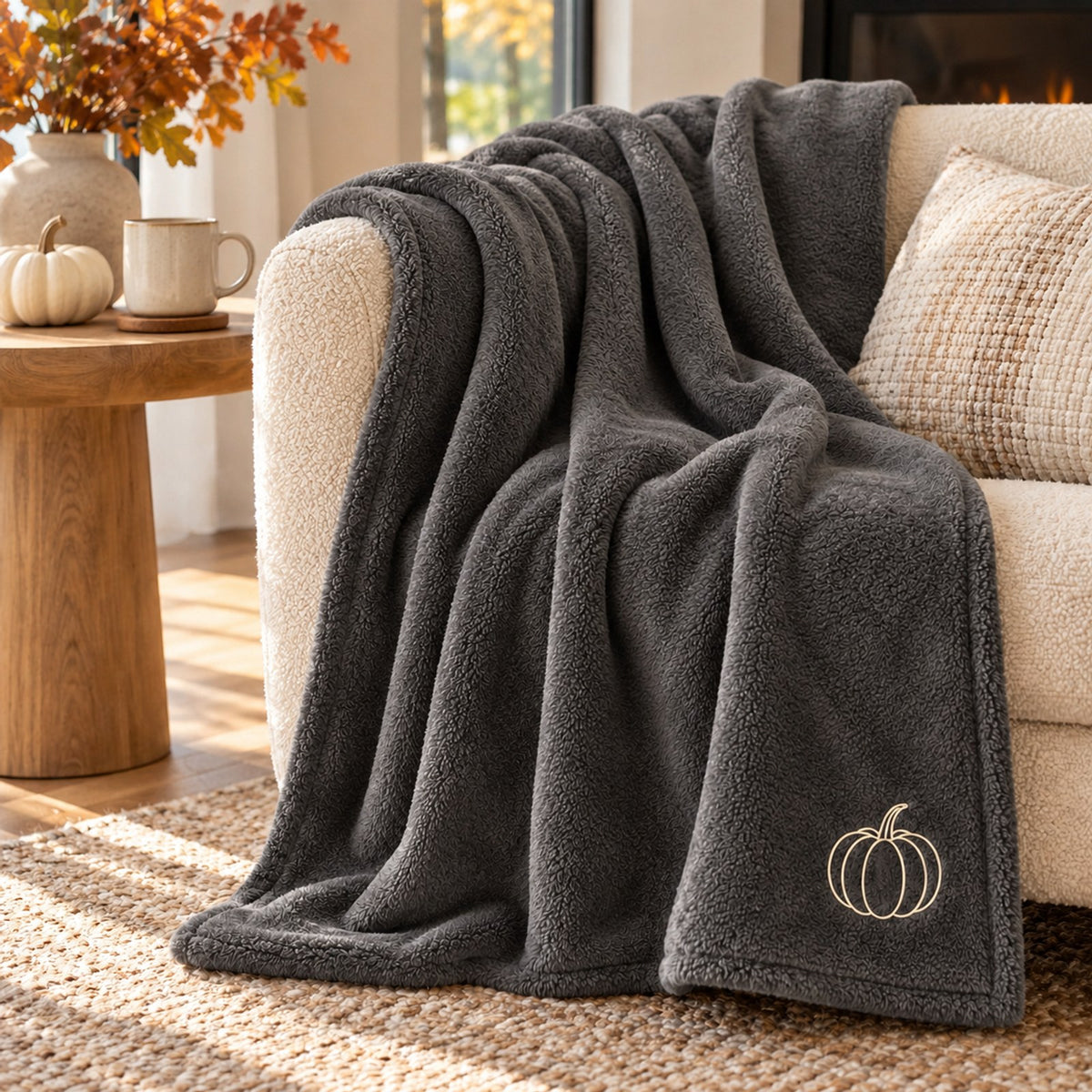 Pumpkin Embroidered Plush Throw in Shadow Grey, styled at home