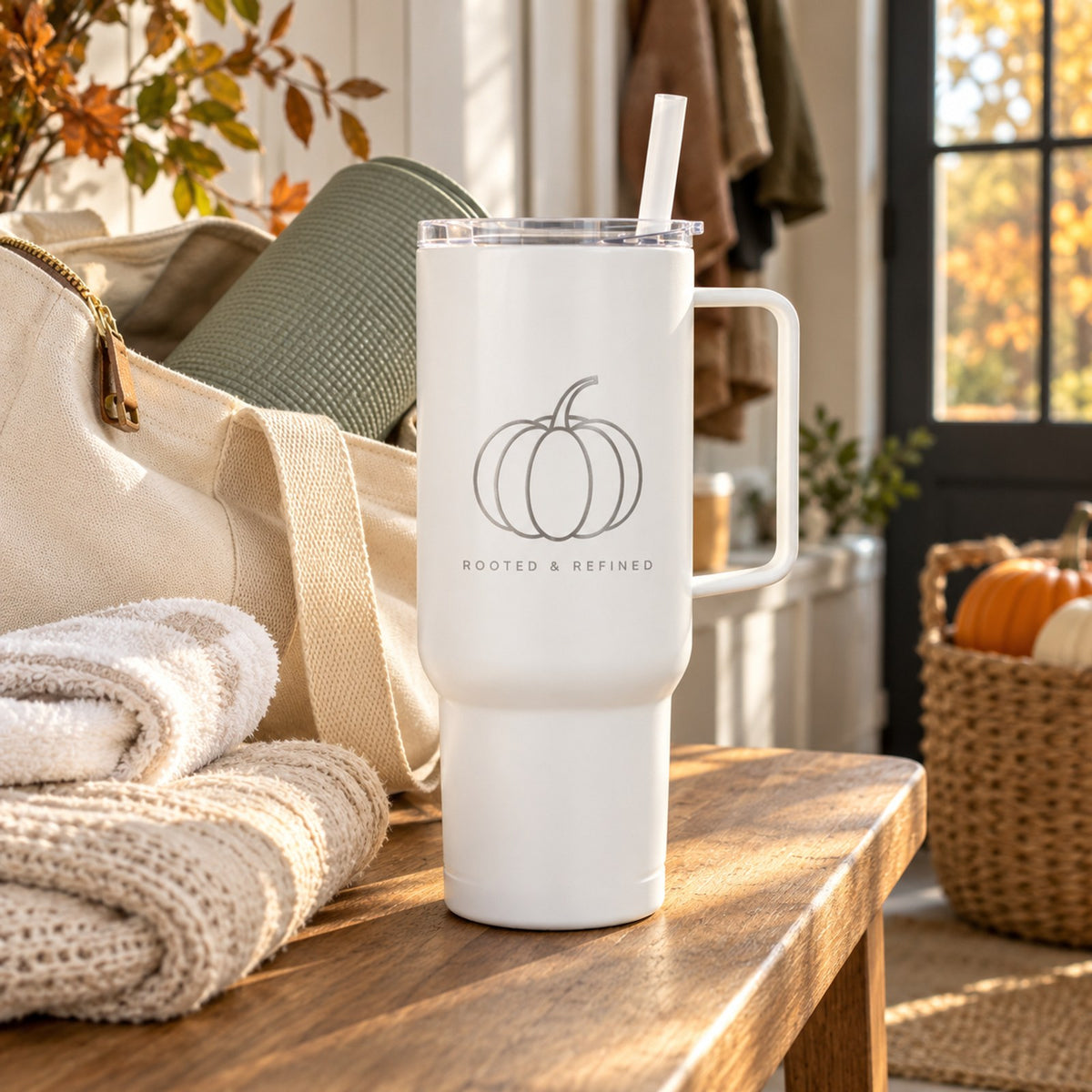 White 40 oz tumbler with handle engraved with a pumpkin