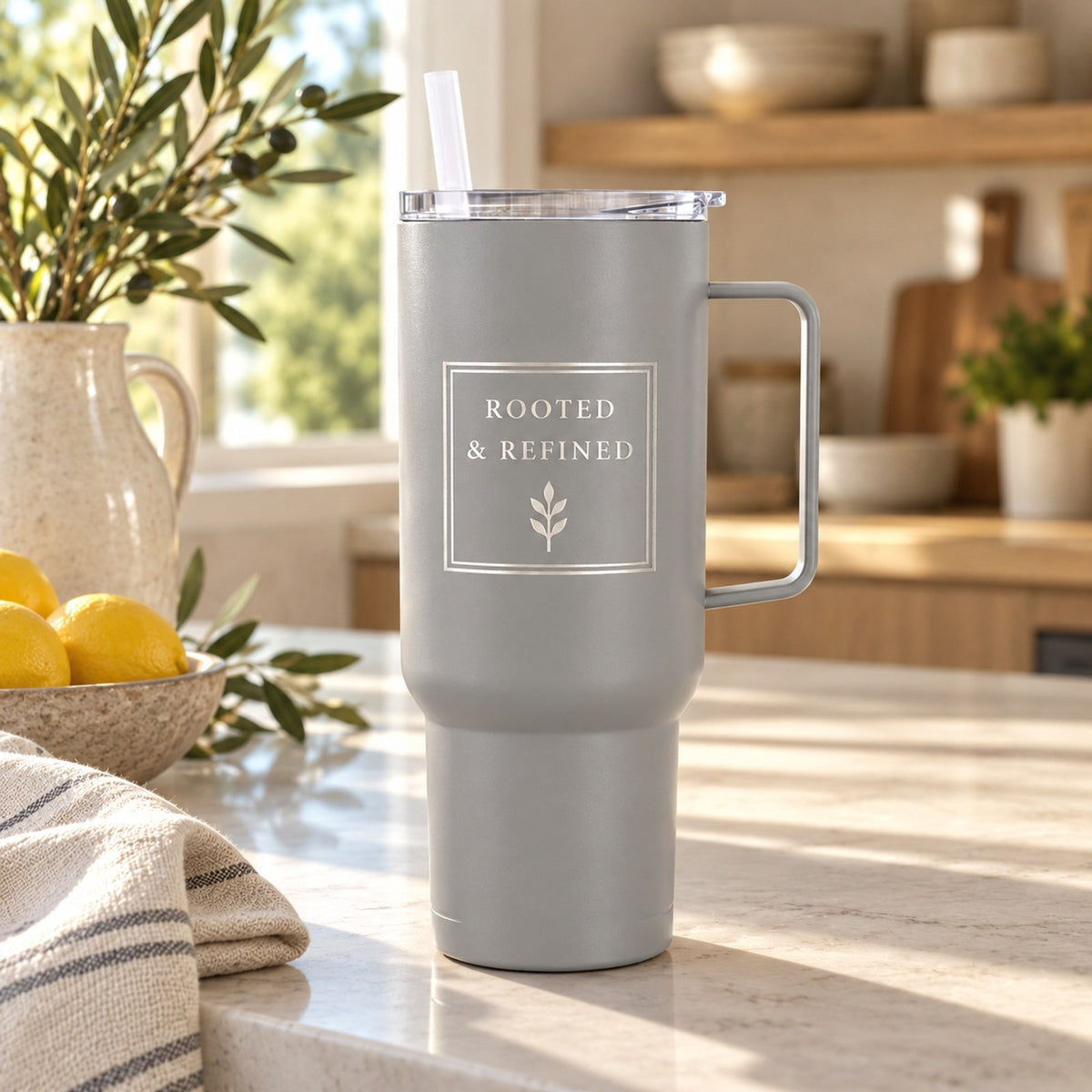 Gray 40 oz tumbler with handle engraved with the Rooted & Refined signature label