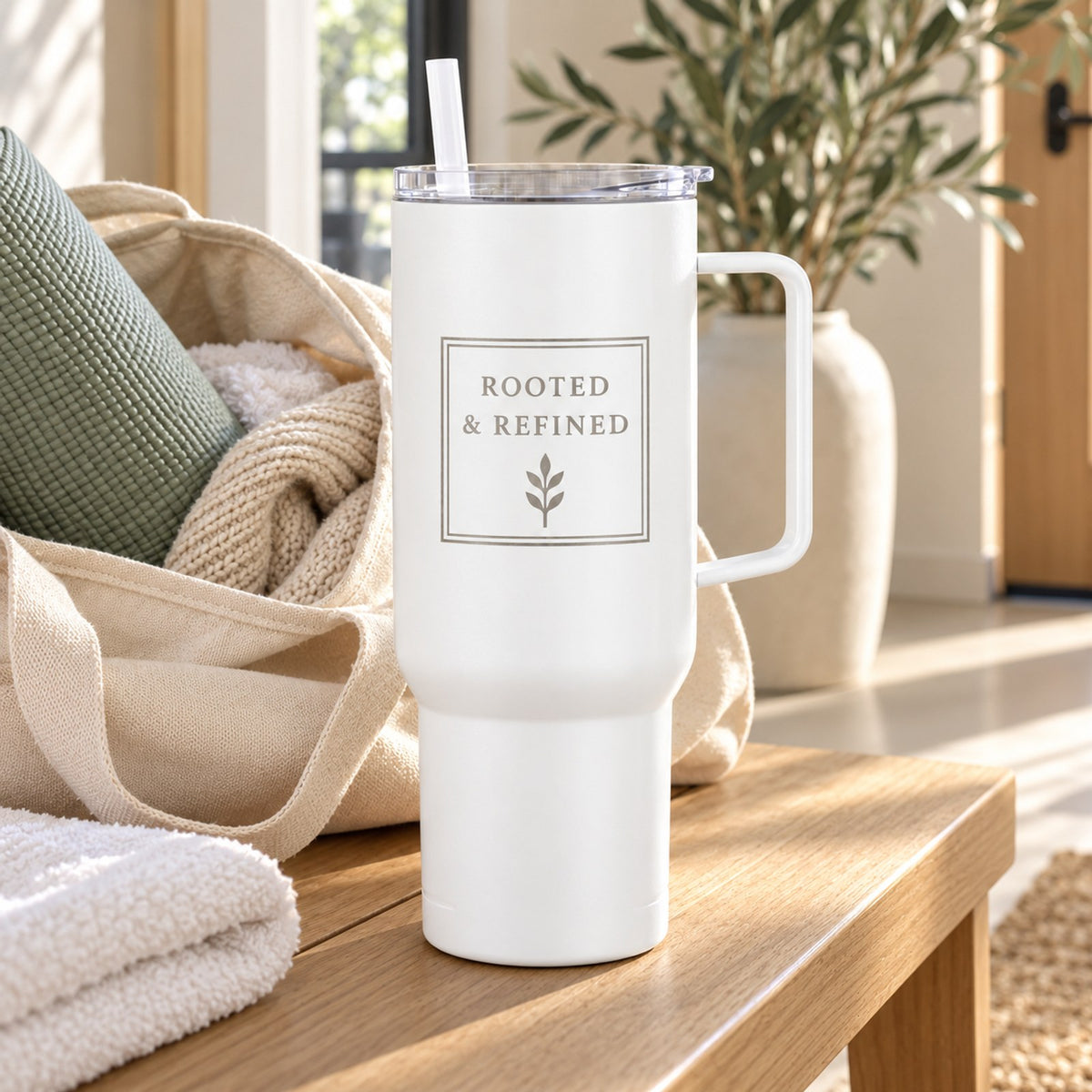 White 40 oz tumbler with handle engraved with the Rooted & Refined signature label