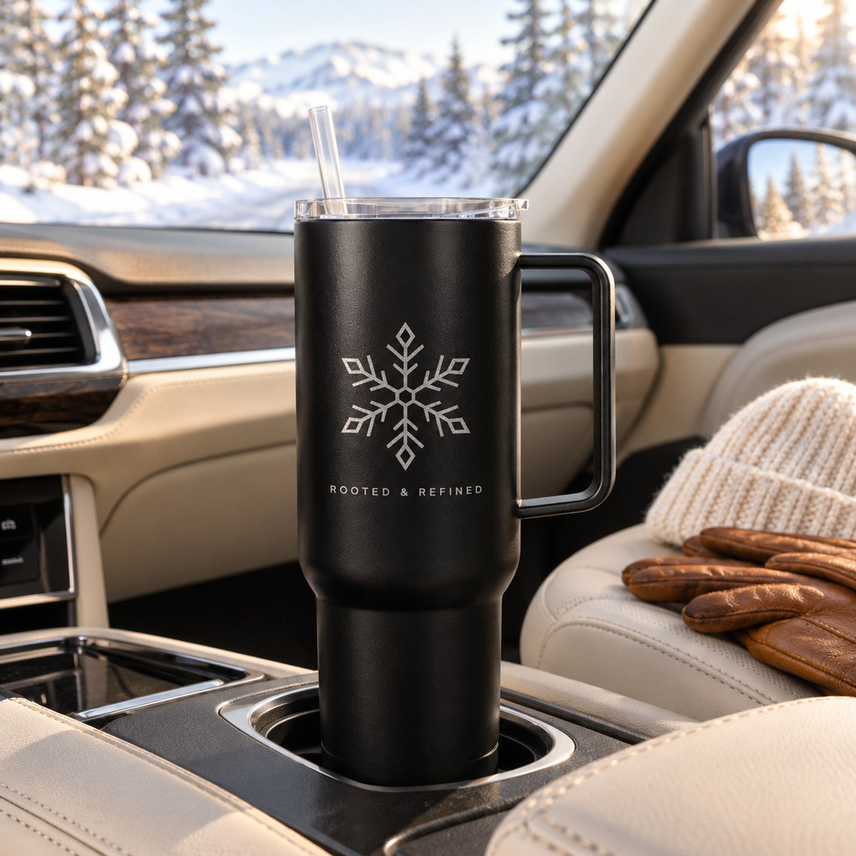 Black 40 oz tumbler with handle engraved with a snowflake