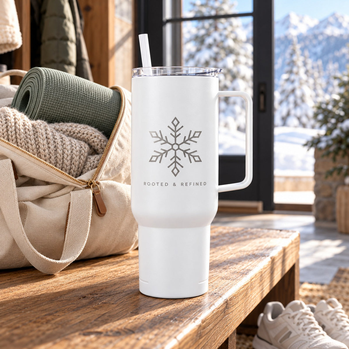 White 40 oz tumbler with handle engraved with a snowflake