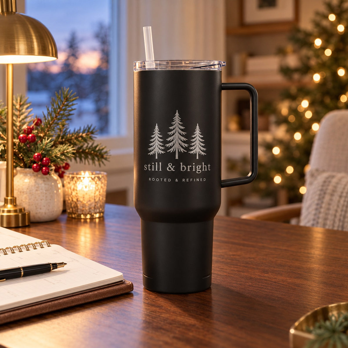 Black 40 oz tumbler with handle engraved with three evergreen trees and still & bright