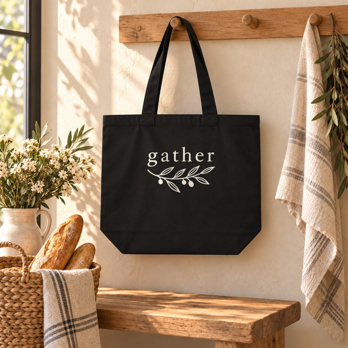 Gather Organic Cotton Tote in Black, styled at home