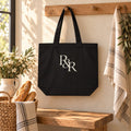 R&R Monogram Organic Cotton Tote in Black, styled at home