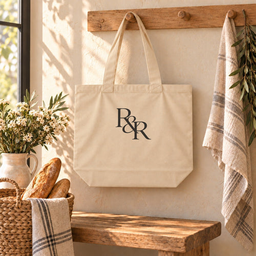 R&R Monogram Organic Cotton Tote in Oyster, styled at home