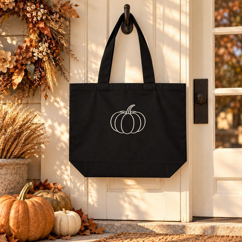 Pumpkin Organic Cotton Tote in Black, styled at home