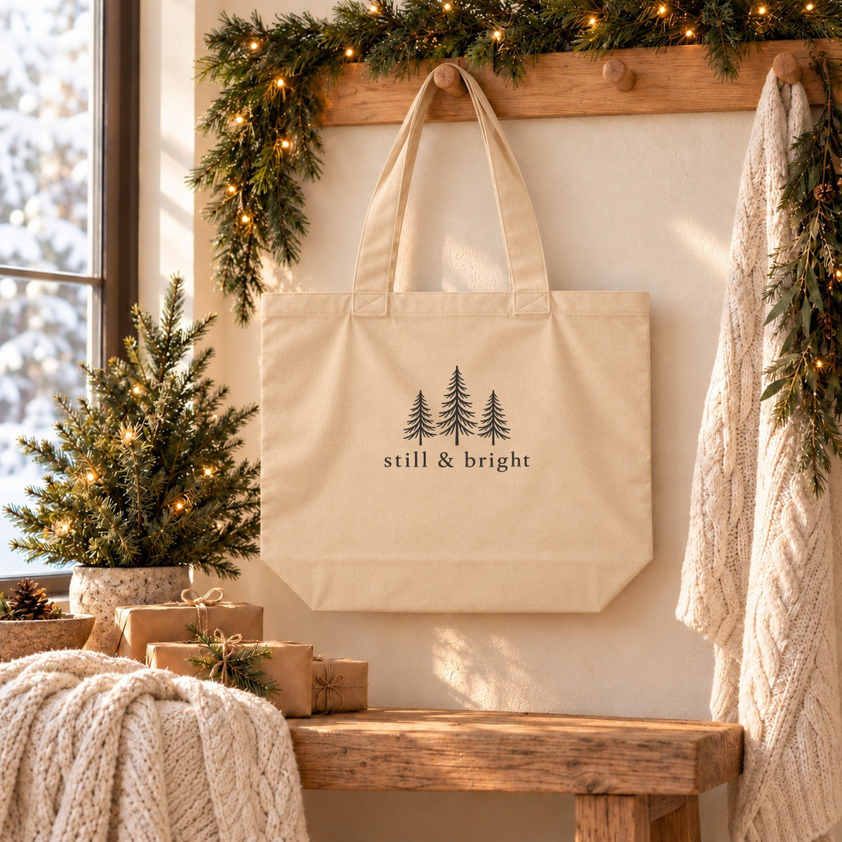 Still & Bright Evergreen Organic Cotton Tote in Oyster, styled at home