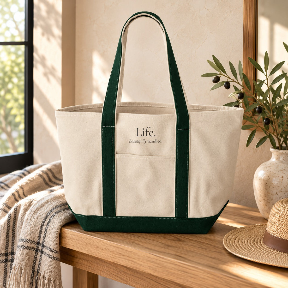 Life. Beautifully Handled. Resort Tote in Natural/Forest, styled at home