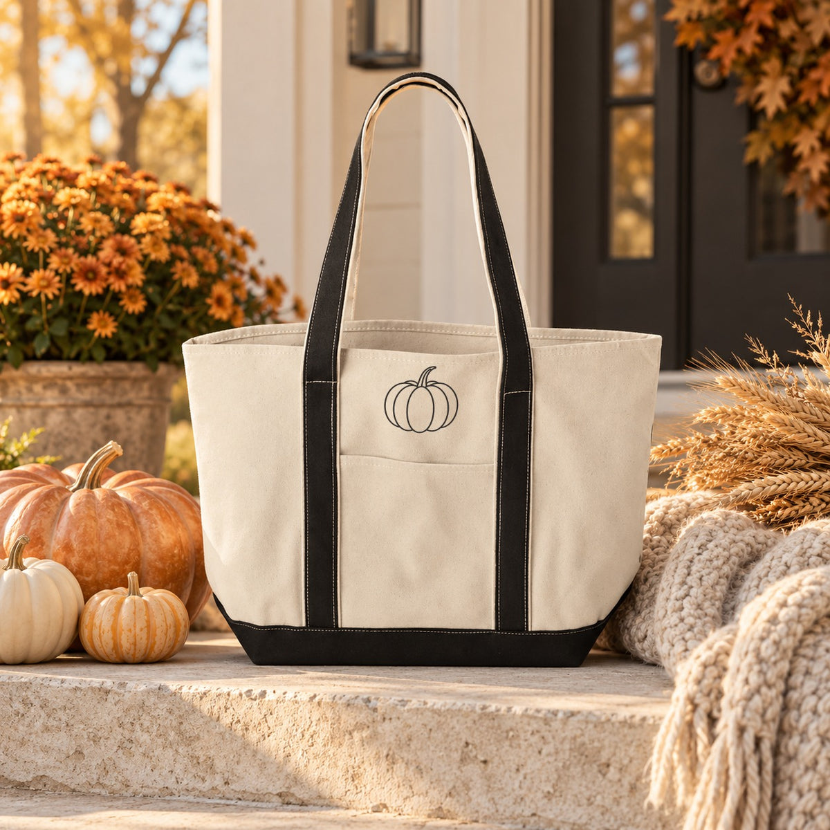 Pumpkin Resort Tote in Natural/Black, styled at home