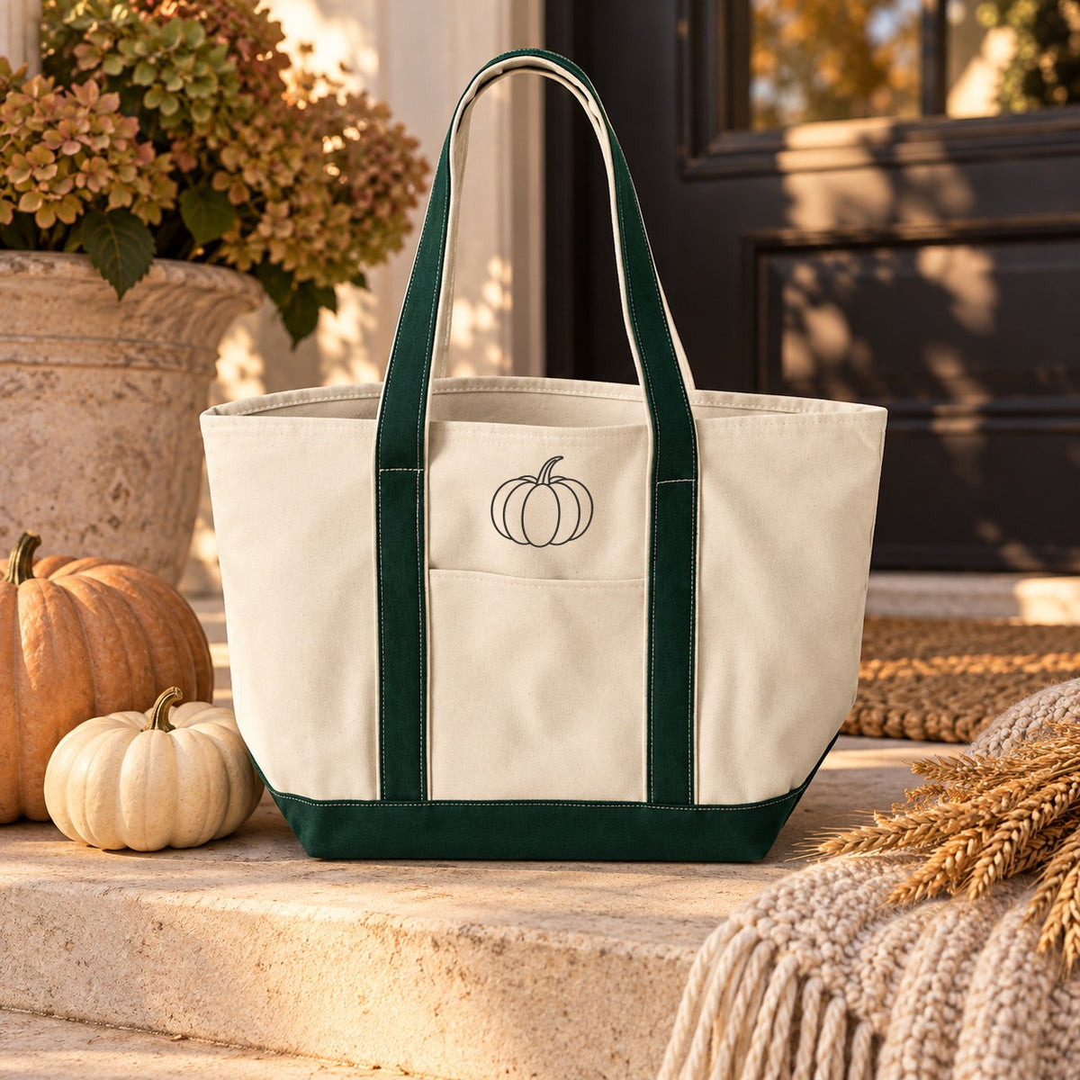 Pumpkin Resort Tote in Natural/Forest, styled at home